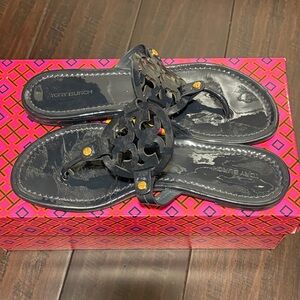 Tory Burch Navy Patent Miller Sandals with Gold Details